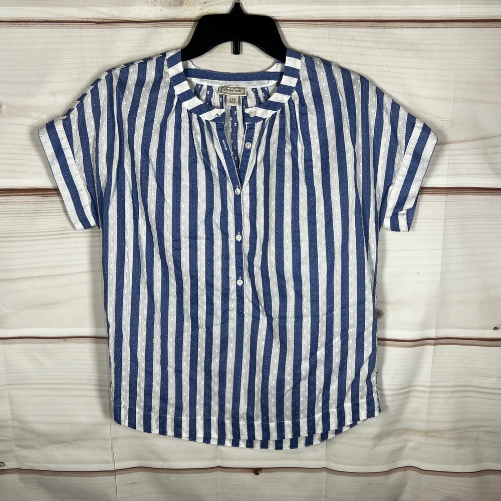 Point Sur Popover Shirt Women XXS Blue Striped Swiss Dot Short Sleeve Henley Top